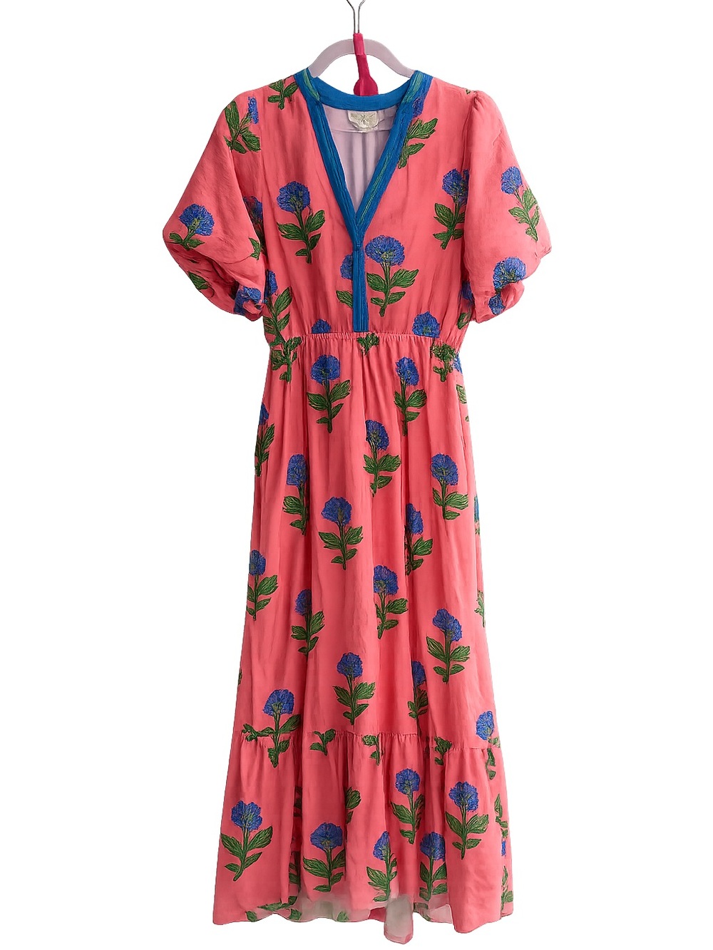 Coral Floral Maxi Dress with Blue Trim